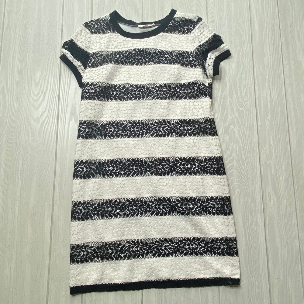 Solitaire Women's Black & White Striped Floral Lace Mini Dress Size Medium